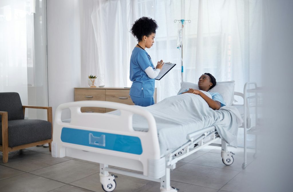 Nurse, sick patient and hospital consultation for healthcare and medical support with health insura